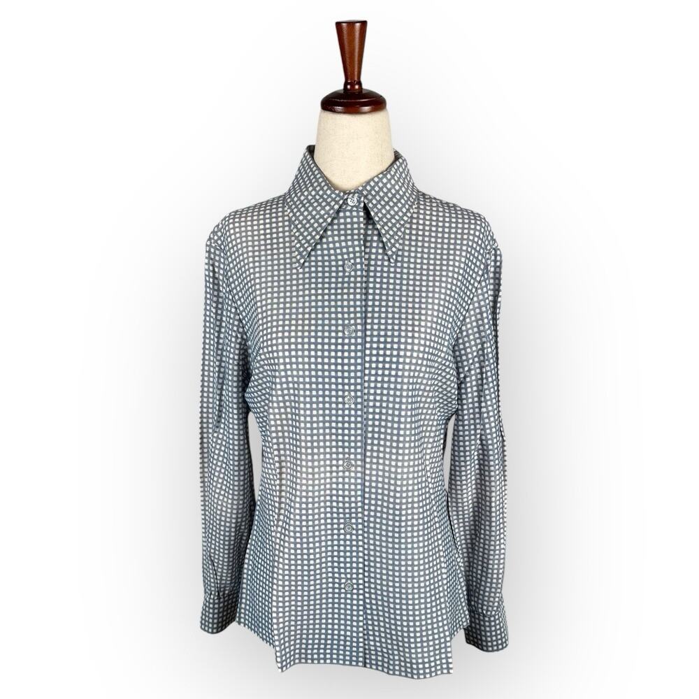 Vintage Blue White Gingham Button Up Shirt 15/16 Preppy Grandpacore Blouse